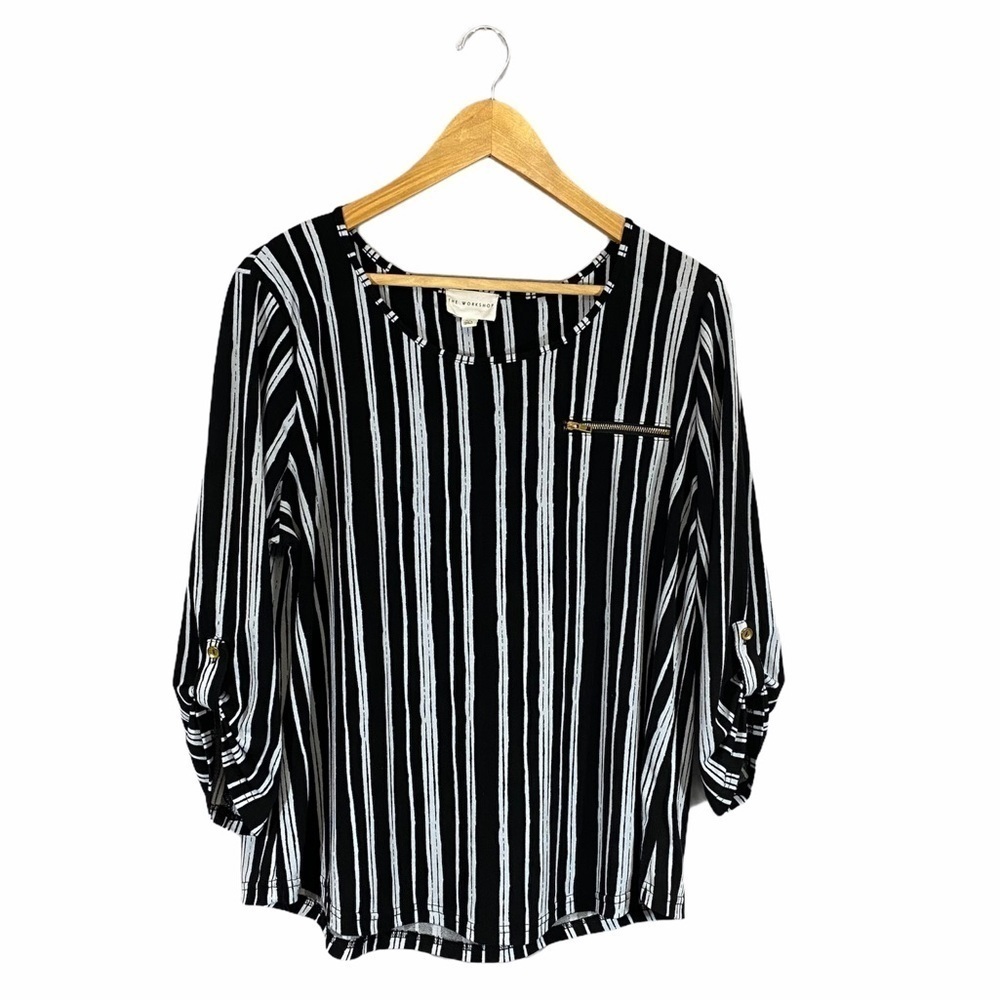 THE WORKSHOP | Womens Black and White Striped Blouse Button Up Sleeves​​